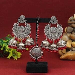 Maroon Oxidised Earrings Tikka Set